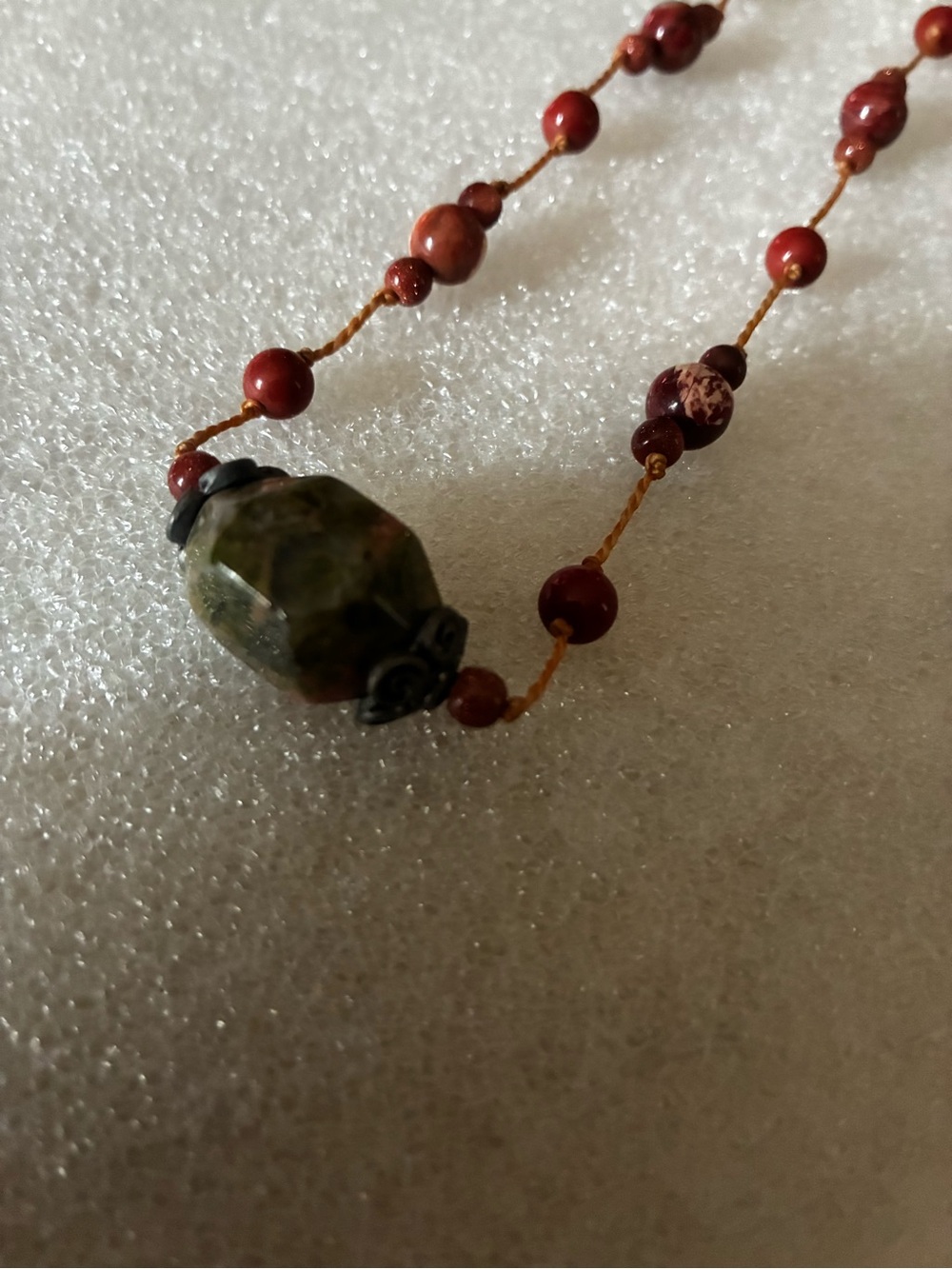 Carnelian Asian Red Beaded Necklace with Green Focal Stone